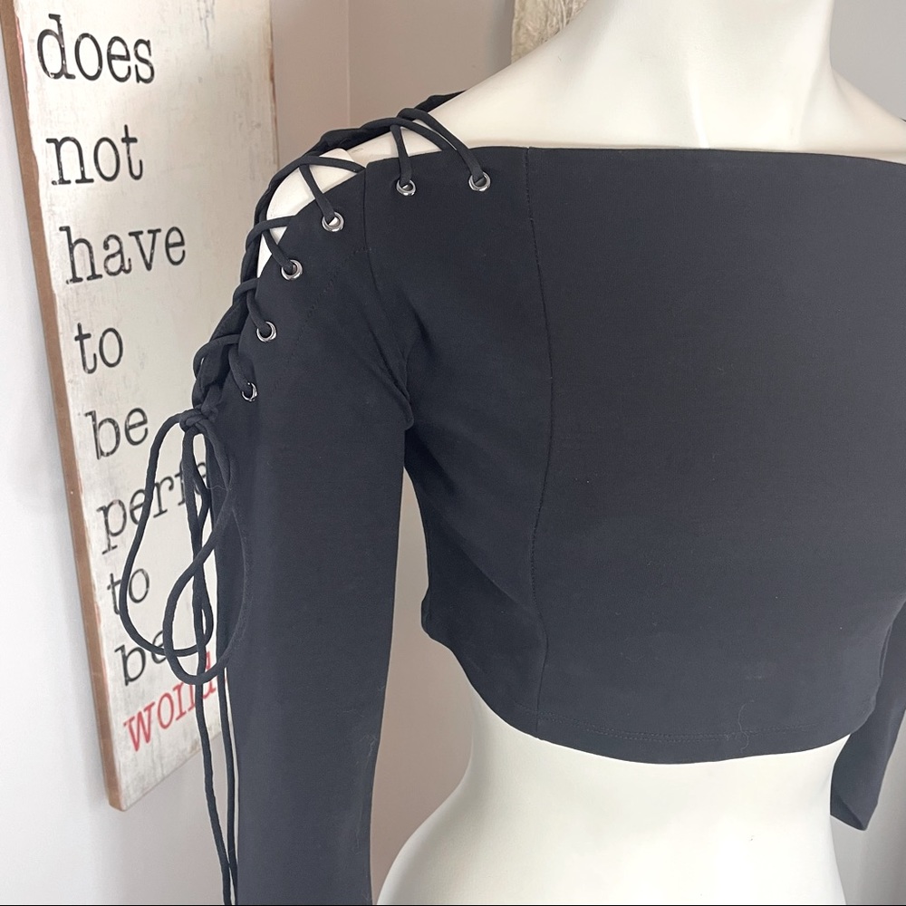 Fashion Nova cropped long sleeve boat neck lace-up shoulder top - Picture 3 of 11